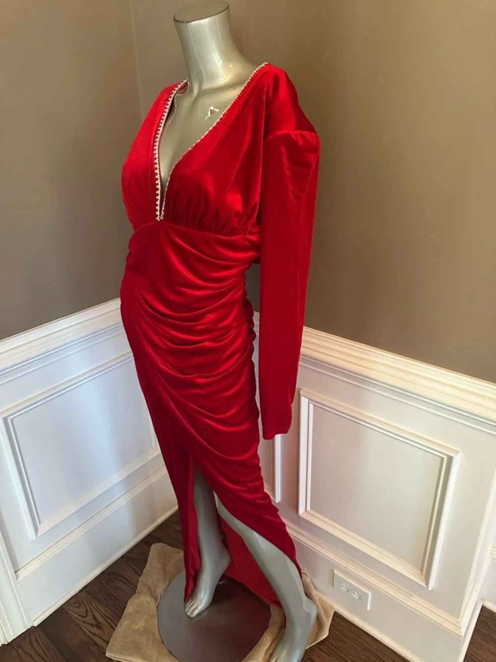 NWT FASHION NOVA Red Velvet Runched Maxi Rhinestone Trim Sz XL